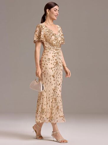 Ever-Pretty Women's Gorgeous V Neck Sequin Tulle Short Sleeves Bodycon Maxi Formal Evening Gowns 02370 in Saudi Arabia