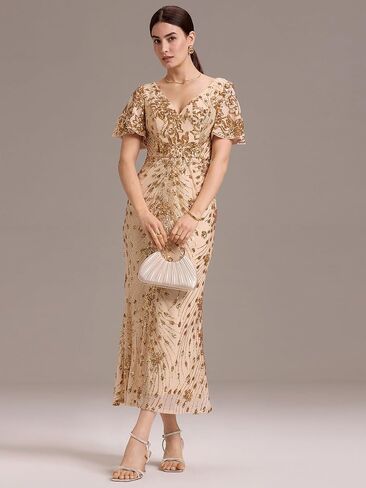 Ever-Pretty Women's Gorgeous V Neck Sequin Tulle Short Sleeves Bodycon Maxi Formal Evening Gowns 02370 in Saudi Arabia