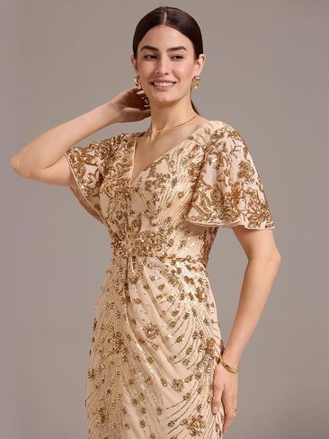 Ever-Pretty Women's Gorgeous V Neck Sequin Tulle Short Sleeves Bodycon Maxi Formal Evening Gowns 02370 in Saudi Arabia