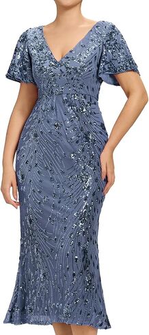 Ever-Pretty Women's Gorgeous V Neck Sequin Tulle Short Sleeves Bodycon Maxi Formal Evening Gowns 02370 in Saudi Arabia