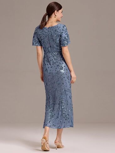 Ever-Pretty Women's Gorgeous V Neck Sequin Tulle Short Sleeves Bodycon Maxi Formal Evening Gowns 02370 in Saudi Arabia