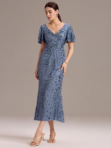 Ever-Pretty Women's Gorgeous V Neck Sequin Tulle Short Sleeves Bodycon Maxi Formal Evening Gowns 02370 in Saudi Arabia
