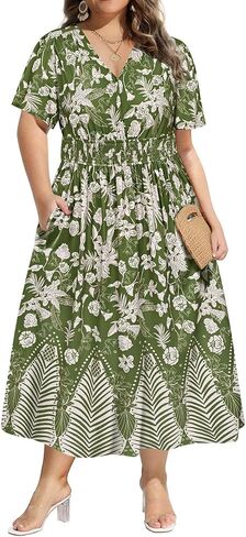 CARCOS Plus Size Dresses for Curvy Women V Neck Summer Maxi Dress Short Sleeve Floral Boho Dress Smocked Waist Beach Dress in Saudi Arabia