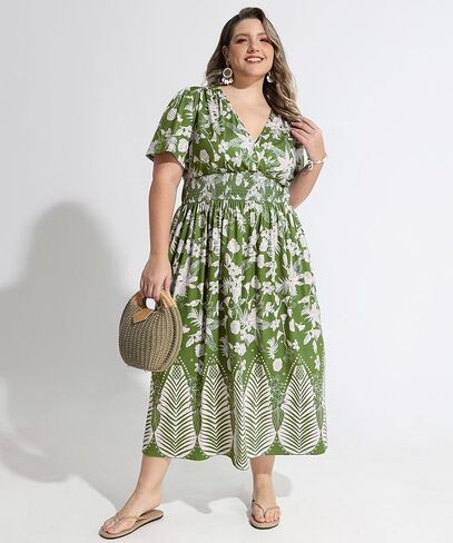 CARCOS Plus Size Dresses for Curvy Women V Neck Summer Maxi Dress Short Sleeve Floral Boho Dress Smocked Waist Beach Dress in Saudi Arabia