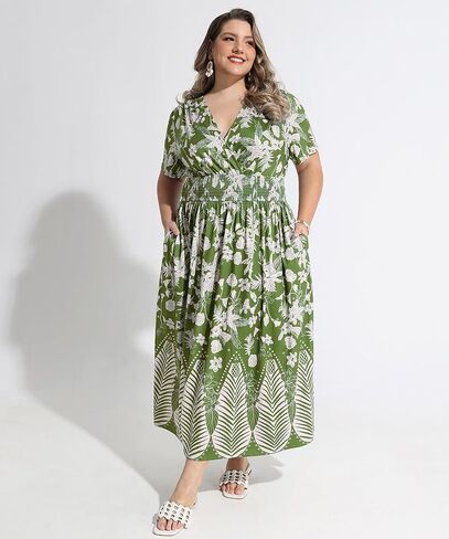 CARCOS Plus Size Dresses for Curvy Women V Neck Summer Maxi Dress Short Sleeve Floral Boho Dress Smocked Waist Beach Dress in Saudi Arabia