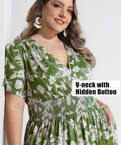 CARCOS Plus Size Dresses for Curvy Women V Neck Summer Maxi Dress Short Sleeve Floral Boho Dress Smocked Waist Beach Dress in Saudi Arabia