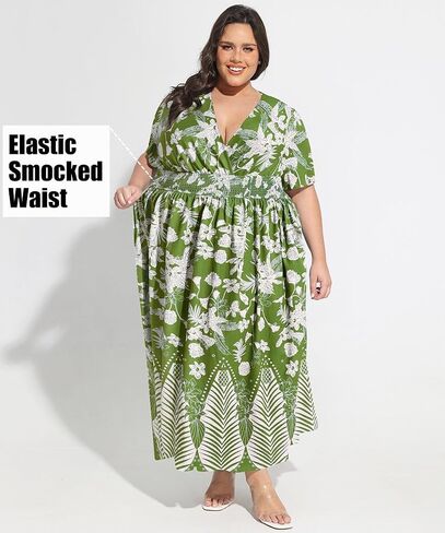 CARCOS Plus Size Dresses for Curvy Women V Neck Summer Maxi Dress Short Sleeve Floral Boho Dress Smocked Waist Beach Dress in Saudi Arabia