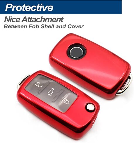 تناسب VW Volkswagen Beetle CC EOS Golf GTI Jetta Passat Rabbit Tiguan Touareg Atlas TPU Key Fob Cover Case Shell Protectory ، W/ Metal Key Chain ، Red in Kuwait