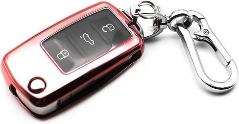 تناسب VW Volkswagen Beetle CC EOS Golf GTI Jetta Passat Rabbit Tiguan Touareg Atlas TPU Key Fob Cover Case Shell Protectory ، W/ Metal Key Chain ، Red in Kuwait