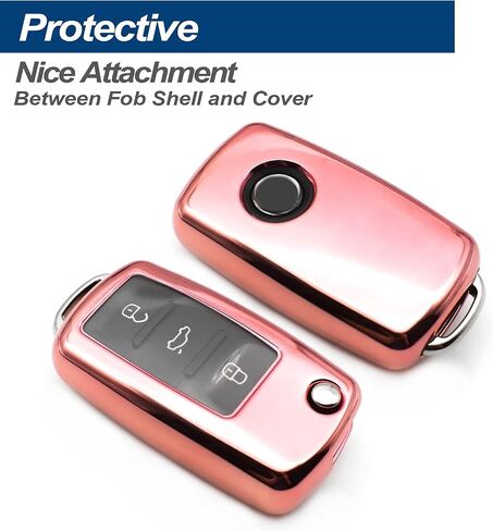 تناسب VW Volkswagen Beetle CC EOS Golf GTI Jetta Passat Rabbit Tiguan Touareg Atlas TPU Key Fob Cover Case Shell Protectory ، W/ Metal Key Chain ، Red in Kuwait