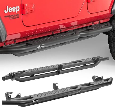 Quadratec QRC Side Armor Rocker Guards with Step, Pair of 2 - Fits Jeep Wrangler YJ, TJ, JK, JL 2-Door & 4-Door - Solid Welded Steel - Black Powder Coated Finish - Side Step Running Boards (JL 4-Door) in Kuwait