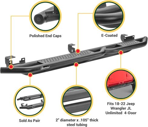 Quadratec QRC Side Armor Rocker Guards with Step, Pair of 2 - Fits Jeep Wrangler YJ, TJ, JK, JL 2-Door & 4-Door - Solid Welded Steel - Black Powder Coated Finish - Side Step Running Boards (JL 4-Door) in Kuwait
