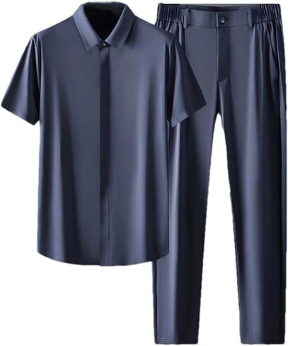 Men's Set Summer Casual Silk T-Shirt Trousers Trendy Smooth Clothes in Saudi Arabia