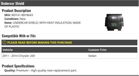 Lower Engine Undercar Shield Cover - with Insulation - Compatible with 2011-2014 Chrysler 200 in Saudi Arabia