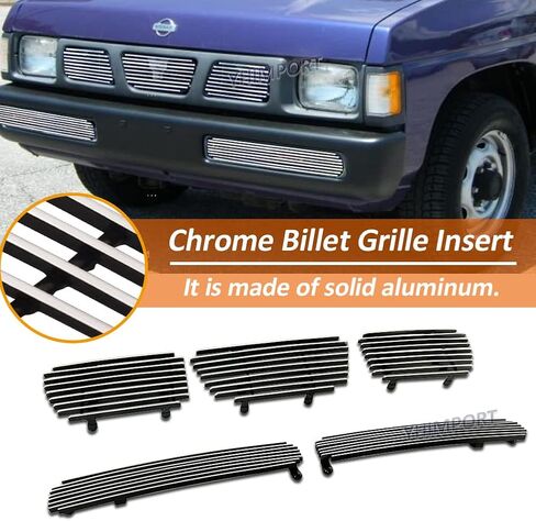 Compatible with Nissan Hardbody Pickup 1995 1996 1997 Main Upper Lower Bumper Aluminum Horizontal Billet Grille Grill Insert Combo (Black Powder Coated) in Saudi Arabia