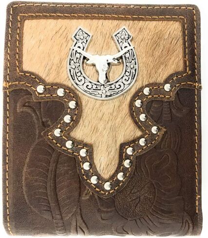 Western Genuine Tool Leather Cowhide Cow Fur Longhorn Mens Bifold Short Wallet in 2 colors (Brown) in Saudi Arabia