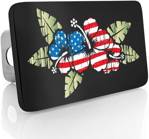 Aloha Hitch Cover - Hibiscus Tropical Patriotism - Quality UV Printed Black Powder Coated Solid Brass Emblem with Stainless Steel Post in Kuwait