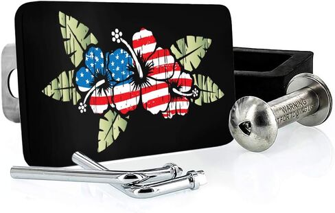 Aloha Hitch Cover - Hibiscus Tropical Patriotism - Quality UV Printed Black Powder Coated Solid Brass Emblem with Stainless Steel Post in Kuwait