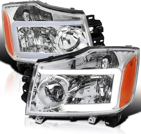 المواصفات المصابيح الأمامية السوداء مع شريط ضوء LED متوافق مع 2004-2015 Nissan Titan ، 2004-2007 Armada ، Armaved Left + Live Pair Assembly in Saudi Arabia