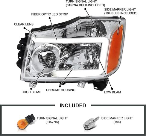 المواصفات المصابيح الأمامية السوداء مع شريط ضوء LED متوافق مع 2004-2015 Nissan Titan ، 2004-2007 Armada ، Armaved Left + Live Pair Assembly in Saudi Arabia
