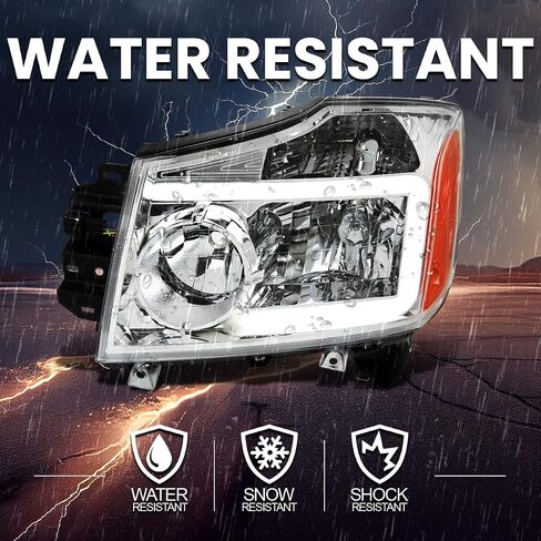 المواصفات المصابيح الأمامية السوداء مع شريط ضوء LED متوافق مع 2004-2015 Nissan Titan ، 2004-2007 Armada ، Armaved Left + Live Pair Assembly in Saudi Arabia