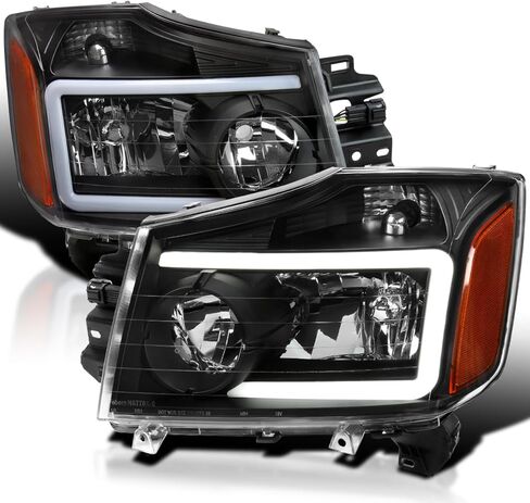 المواصفات المصابيح الأمامية السوداء مع شريط ضوء LED متوافق مع 2004-2015 Nissan Titan ، 2004-2007 Armada ، Armaved Left + Live Pair Assembly in Kuwait