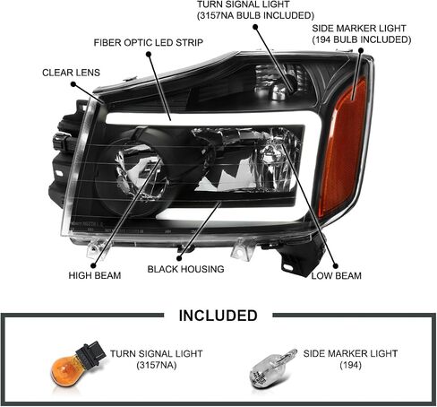 المواصفات المصابيح الأمامية السوداء مع شريط ضوء LED متوافق مع 2004-2015 Nissan Titan ، 2004-2007 Armada ، Armaved Left + Live Pair Assembly in Kuwait