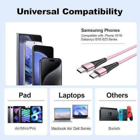 كابل USB C إلى USB C، 5 حزم كابل USB C إلى النوع C، شحن سريع بطول 6 أقدام كابل USB C متوافق مع الهاتف 16 15 Pro Plus Pro Max، لـ S24 S23، لـ Pad Pro لـ Galaxyy S24 S23 S22 والمزيد - رمادي in Kuwait