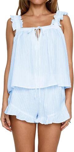 Womens Ruffle Short Set 2 Piece Outfits Fashion Summer Sleeveless Top and Shorts Cozy Pajama Sets in Kuwait