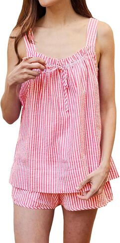Womens Ruffle Short Set 2 Piece Outfits Fashion Summer Sleeveless Top and Shorts Cozy Pajama Sets in Kuwait