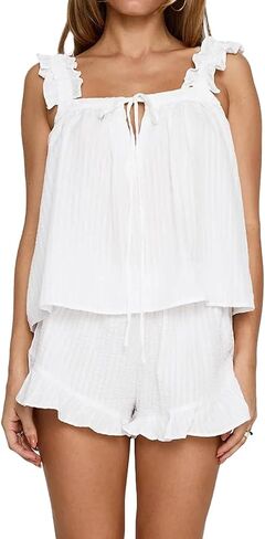 Womens Ruffle Short Set 2 Piece Outfits Fashion Summer Sleeveless Top and Shorts Cozy Pajama Sets in Kuwait