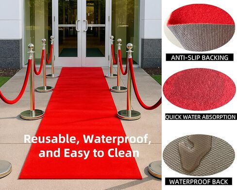 Red Carpet Runner for Party 3x10ft – 450 GSM Thick, 0.25" Non-Slip Waterproof Rubber Backing, Heavy Duty, Cuttable for Weddings, Events, Parties, Indoor/Outdoor Use in Kuwait