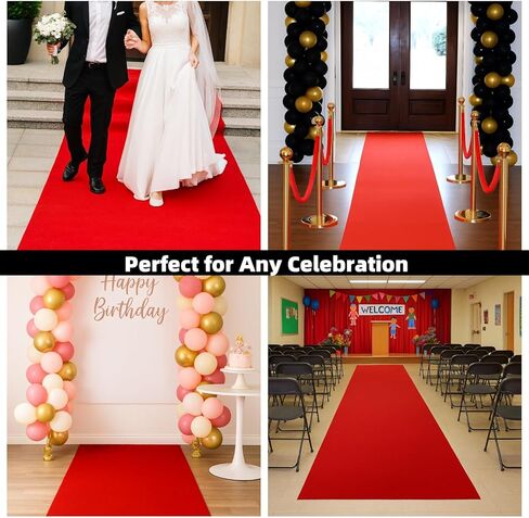 Red Carpet Runner for Party 3x10ft – 450 GSM Thick, 0.25" Non-Slip Waterproof Rubber Backing, Heavy Duty, Cuttable for Weddings, Events, Parties, Indoor/Outdoor Use in Kuwait
