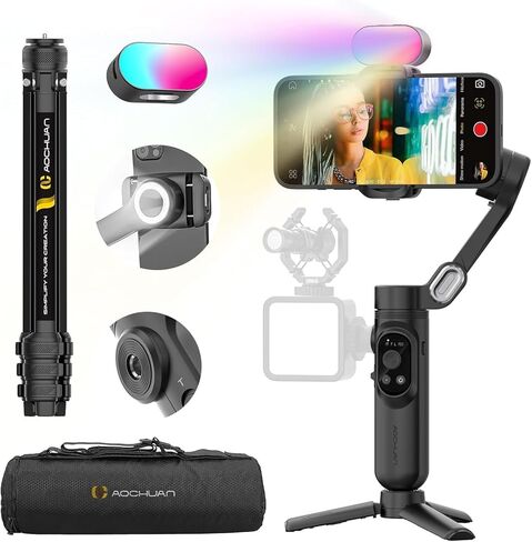 Handheld Gimbal Stabilizer for iPhone 15/14 Android Phone 3-axis Phone Stabilizer for Video Recording Vlogging, Smartphone Gimbal w/RGB Light,AI Tracking for TikTok YouTube(Smart X Kit Black) in Kuwait
