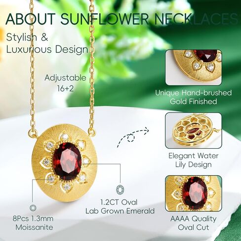 14K Brushed Gold Sunflower Necklaces for Women Moissanite or Lab-Grown Emerald/Garnet/Amethyst Pendant with Hairline Detailing Trendy 925 Sterling Silver Jewelry Gifts for Her Birthday in Saudi Arabia