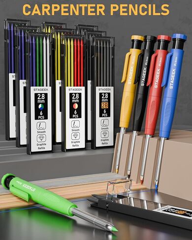 34 Pack Carpenter Pencil Set with Sharpener, Mechanical Carpenter Pencils with Deep Hole Long-Nib Marker Pens, Carbide Scribe Tool & Construction Pencils for Architect Woodworking with Case in Saudi Arabia