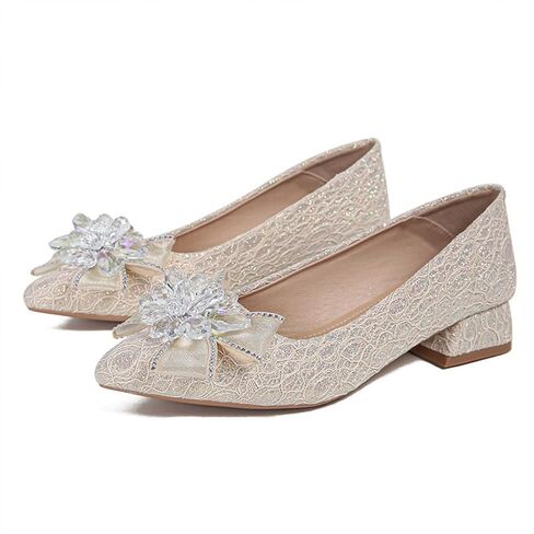 Women's Pointed Toe Rhinestone Bow Silk Low Heel Pumps Luxurious Crystal Comfortable Block Heel Slip-On Wedding Formal Work Shoes in Saudi Arabia