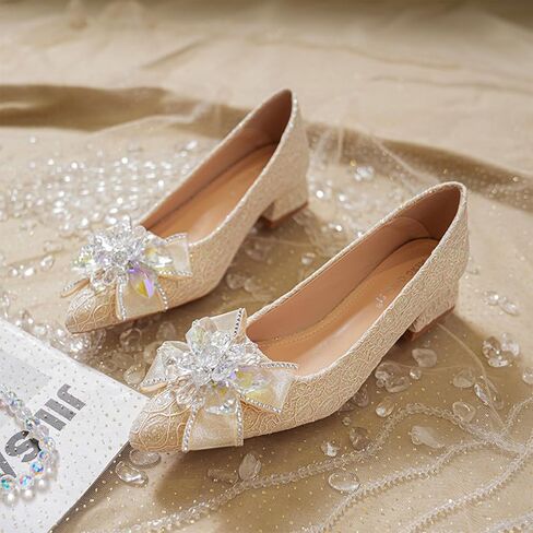 Women's Pointed Toe Rhinestone Bow Silk Low Heel Pumps Luxurious Crystal Comfortable Block Heel Slip-On Wedding Formal Work Shoes in Saudi Arabia