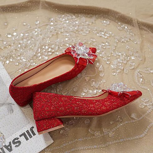 Women's Pointed Toe Rhinestone Bow Silk Low Heel Pumps Luxurious Crystal Comfortable Block Heel Slip-On Wedding Formal Work Shoes in Saudi Arabia