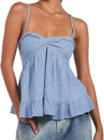 Women Gingham Babydoll Tank Tops Ruffle Strap Square Neck Camisole Plaid Flared Hem Flowy Peplum Tops in Saudi Arabia