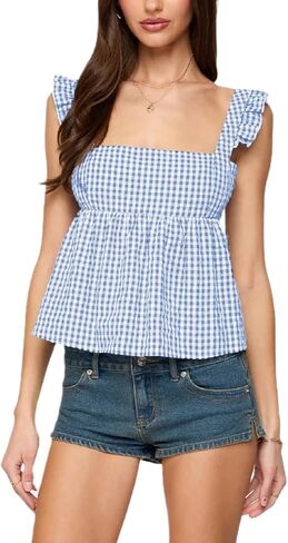 Women Gingham Babydoll Tank Tops Ruffle Strap Square Neck Camisole Plaid Flared Hem Flowy Peplum Tops in Saudi Arabia