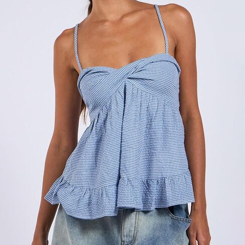 Women Gingham Babydoll Tank Tops Ruffle Strap Square Neck Camisole Plaid Flared Hem Flowy Peplum Tops in Saudi Arabia