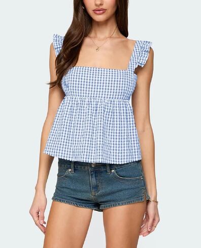 Women Gingham Babydoll Tank Tops Ruffle Strap Square Neck Camisole Plaid Flared Hem Flowy Peplum Tops in Saudi Arabia