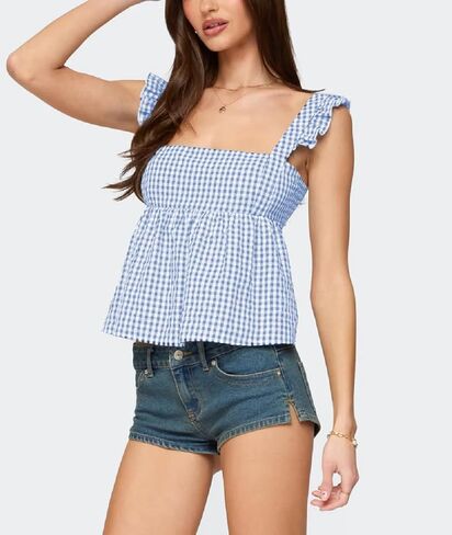 Women Gingham Babydoll Tank Tops Ruffle Strap Square Neck Camisole Plaid Flared Hem Flowy Peplum Tops in Saudi Arabia