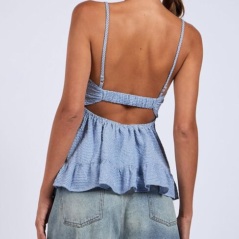 Women Gingham Babydoll Tank Tops Ruffle Strap Square Neck Camisole Plaid Flared Hem Flowy Peplum Tops in Saudi Arabia