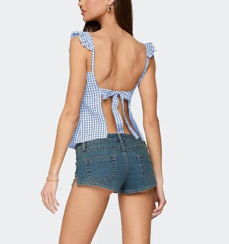 Women Gingham Babydoll Tank Tops Ruffle Strap Square Neck Camisole Plaid Flared Hem Flowy Peplum Tops in Saudi Arabia