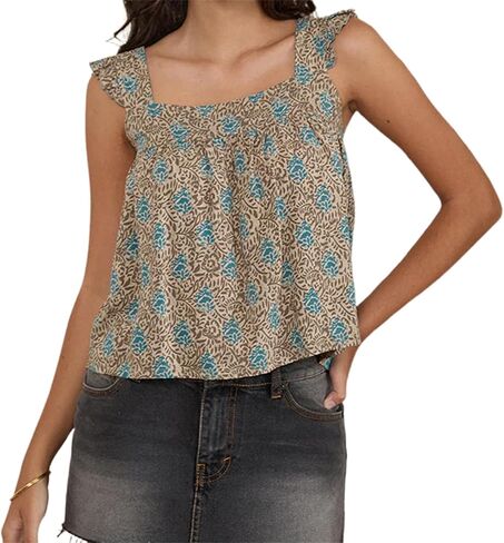 Women Gingham Babydoll Tank Tops Ruffle Strap Square Neck Camisole Plaid Flared Hem Flowy Peplum Tops in Saudi Arabia