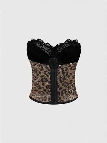 SweatyRocks Women's Sparkly Sequin Lace Corset Tops Leopard Print Strapless Y2K Tube Top Streetwear in Saudi Arabia