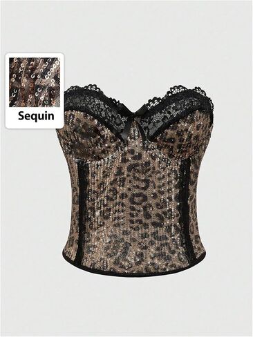 SweatyRocks Women's Sparkly Sequin Lace Corset Tops Leopard Print Strapless Y2K Tube Top Streetwear in Saudi Arabia
