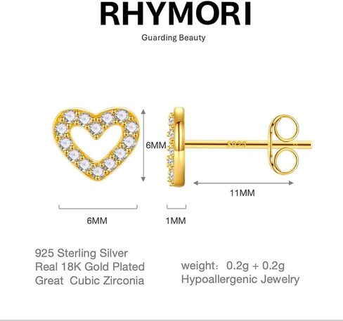 Heart Stud Earrings|18K Gold Plated Stud Earrings for Women| 925 sterling silver stud earrings| Cubic Zirconia Earrings Gold | 925 Sterling Silver Gold Plated Earring| Dainty Small Stud Earring 6mm in Saudi Arabia
